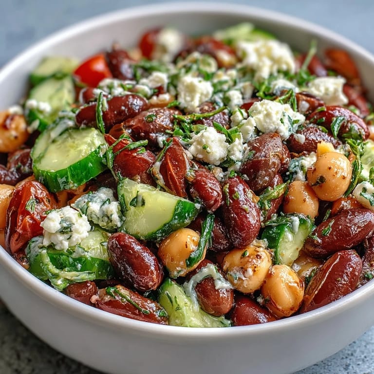 Helle mediterrane Greek Bean Salad with Lemon Marinated Beans, belegt mit roten Zwiebeln, Petersilie und saftigen Tomatenhälften