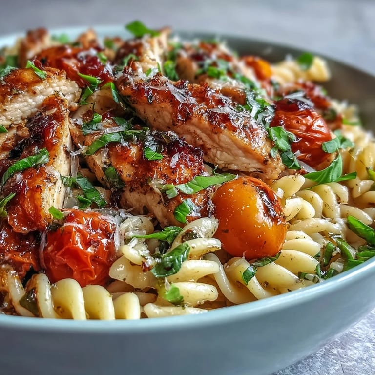 Goldbraun gebratenes Hähnchen und al dente Nudeln in Bruschetta Chicken Pasta mit frischer Basilikum und Parmesan