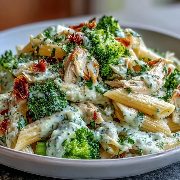 Zupackendes Abendessen: High Protein Rotisserie Chicken Broccoli Pasta mit würzigem Knoblauch und Parmesan. Ganze Penne und frisches Grünzeug sorgen für Volumen und Ballaststoffe.