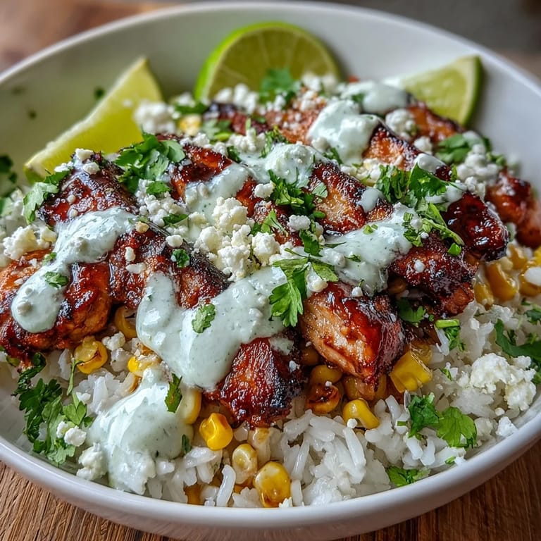 Smoky Street Corn Chicken and Rice Bowls plated on a rustic wooden table, topped with zesty crema, fresh cilantro, and lime wedges for serving.