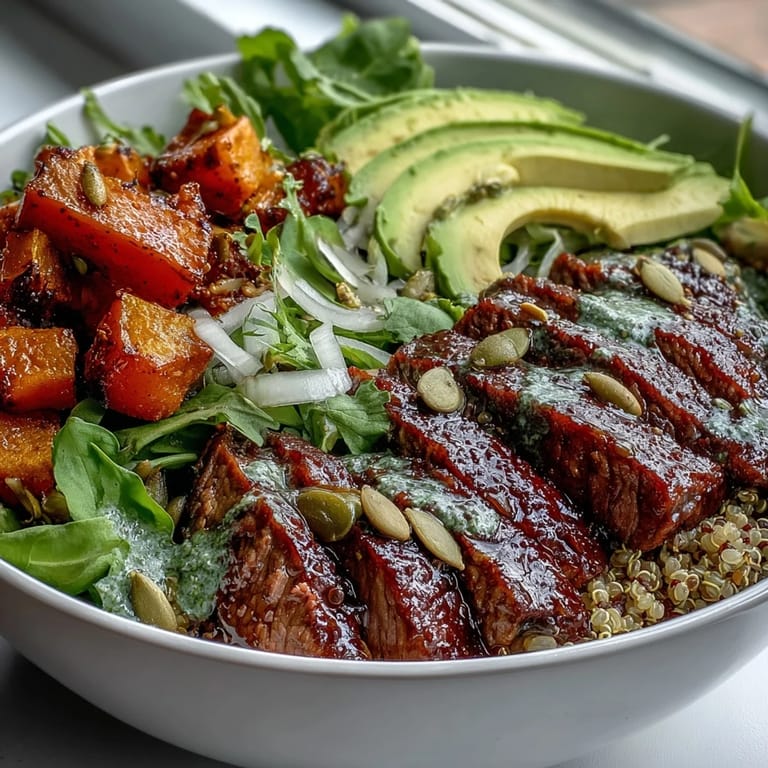 Goldbraun gebratene Flachsteak-Scheiben neben karamellisiertem Butternut Squash in einer Schüssel mit Quinoa.