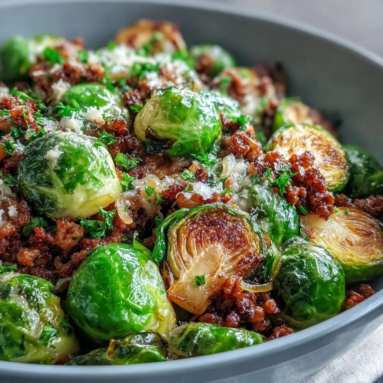 Lemon brightens this easy Brussels Sprouts & Ground Turkey Skillet, topped with fresh parsley and Parmesan cheese.