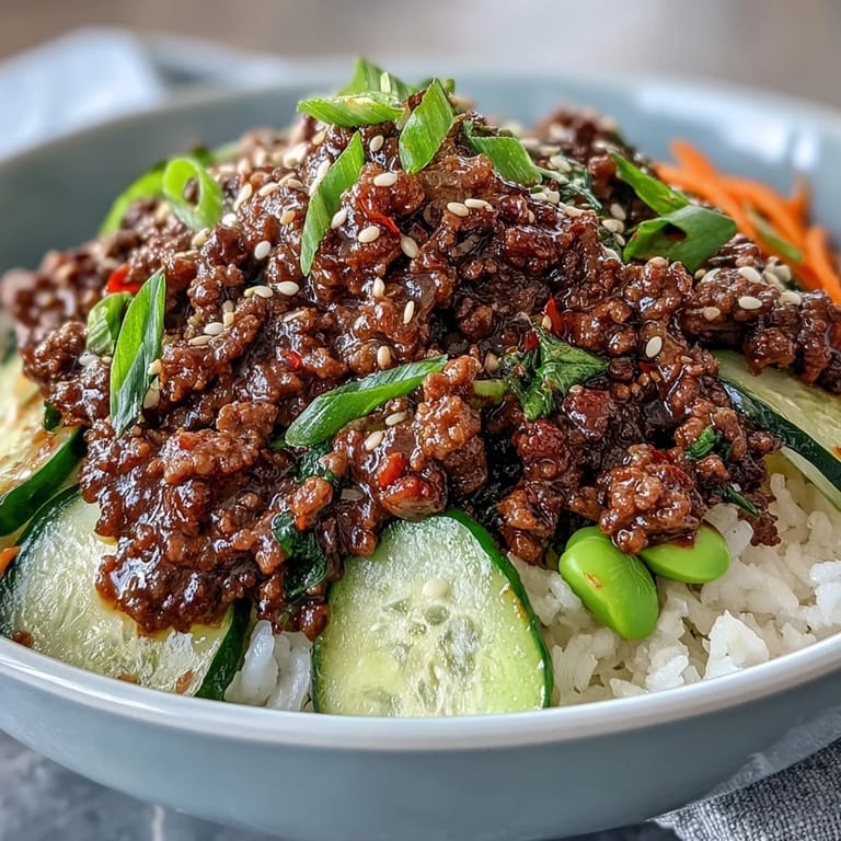 Scharfer Korean Ground Beef Bowl mit edamame, Kimchi und Sesam auf einer Schüssel.