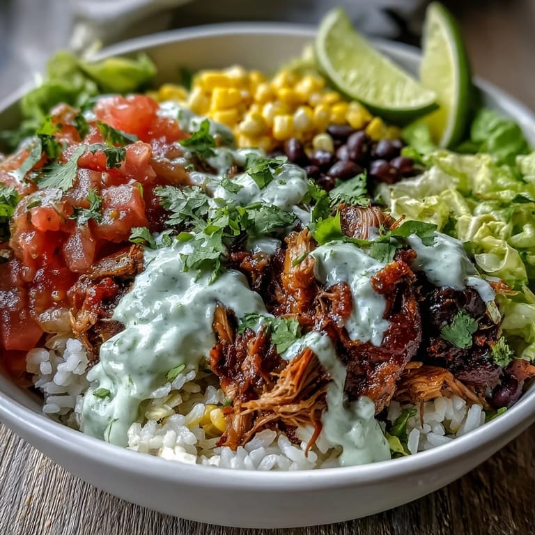 Ein leckeres Carnitas Burrito Bowl mit knusprigen Schweineschulter-Stücken, cremigem Limetten-Crema, knackigem Salat und würziger Salsa, serviert auf einer Schüssel mit duftendem Reis und schwarzen Bohnen.