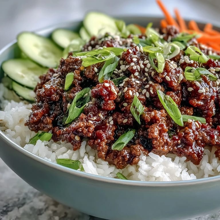 Hearty bowl of Easy Korean Beef Bowl with spicy gochujang sauce, sliced green onions, and kimchi for a bold flavor.