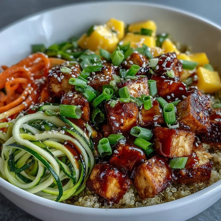 Schüssel mit kross gebackenem Tofu, spiralisierter Zucchini, Karotten und quinoa-basis auf einem rustikalen Teller.