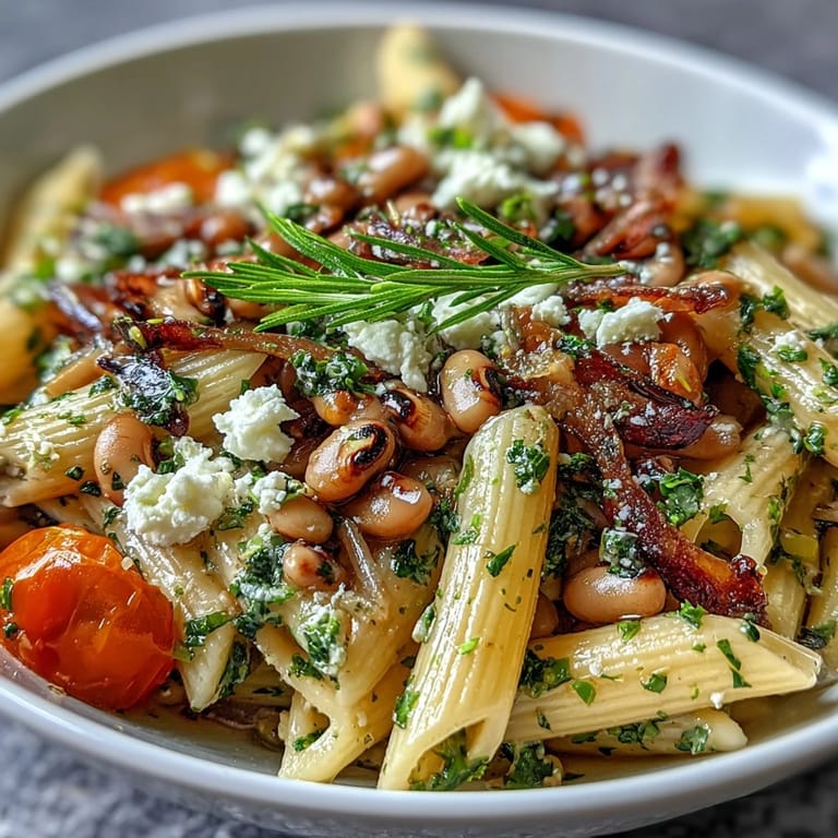 Black-Eyed Pea Pasta mit Feta und frischen Kräutern auf einer Terrine.