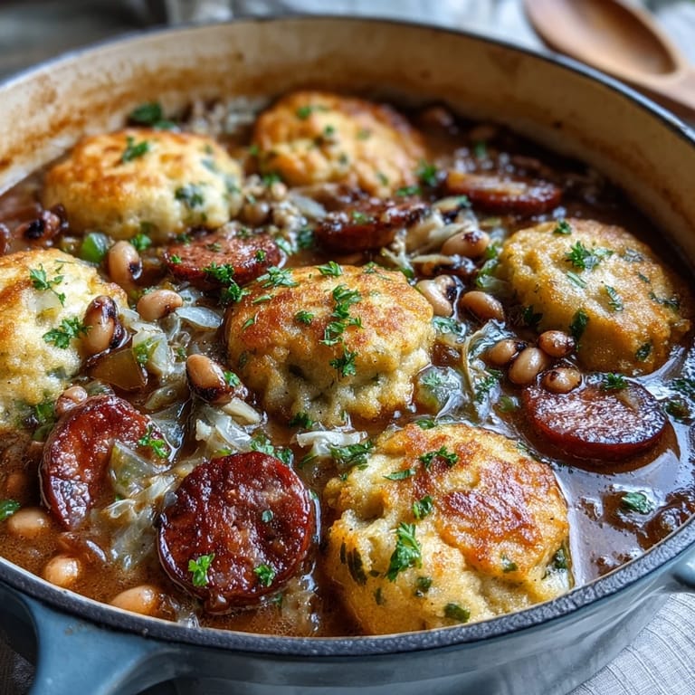 Würzige Southern-Küche: Black-Eyed Peas and Sausage Dumplings in einer dunklen Brühe mit aufgetriebenen Dumplings serviert.