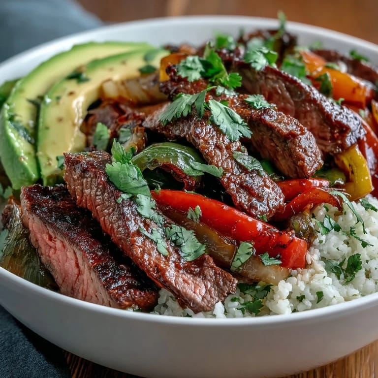 Die fertigen Steak Fajita Bowls leuchten farbenfroh mit Rinderstreifen, gebratenem Gemüse auf Kohlrabi-Reis und einem Klecks saurer Sahne.