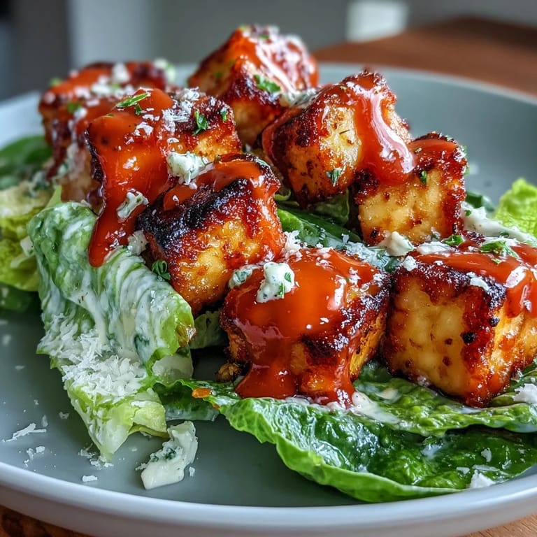 Knuspriger Tofu in würziger Sauce auf Caesar-Salat, serviert mit Croutons und Käse fürs Abendessen
