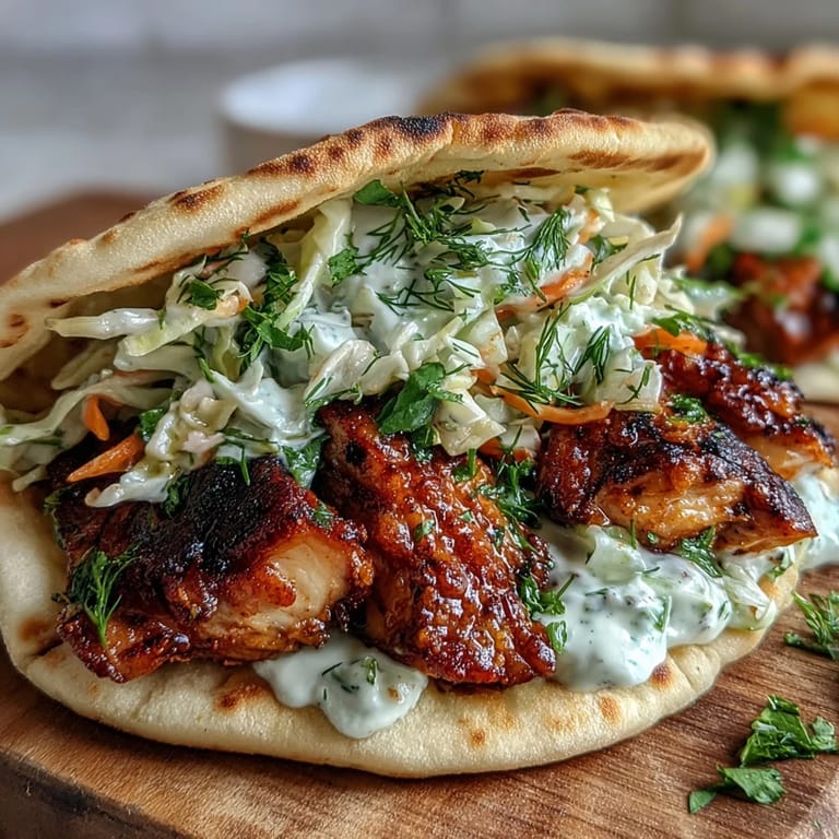 Freshly assembled Mediterranean-American pita sandwiches stuffed with juicy chicken and crunchy cabbage slaw, garnished with parsley and dill on a bright plate.