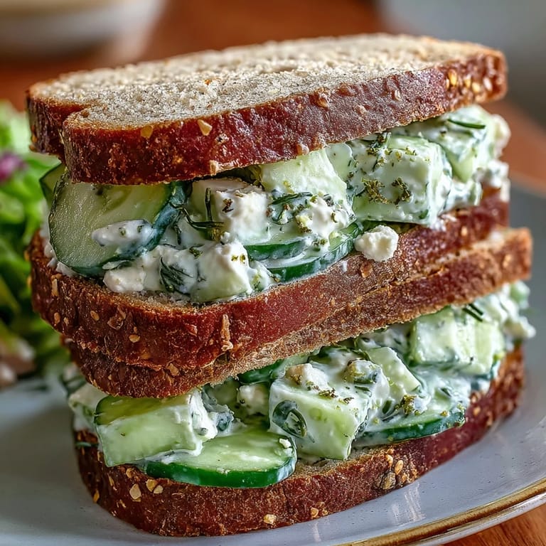 Thick-sliced whole-grain bread stuffed with Easy Cucumber Salad Sandwiches filling of diced cucumbers, feta, and herbs.