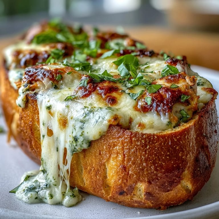 Goldbraune Knoblauchbrot-Boote gefüllt mit saftigem Pesto-Hähnchen und cremigem Käse, gerade aus dem Ofen serviert.