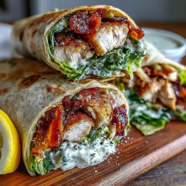 A hand holding a Crispy Chicken Bacon Caesar Wrap with lemon wedges and extra Caesar dressing on the side.