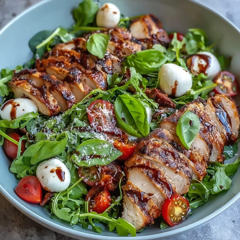 A close-up of Grilled Chicken Caprese Bowls with Balsamic Reduction, showcasing sliced chicken, creamy mozzarella, and a glossy dark balsamic glaze.
