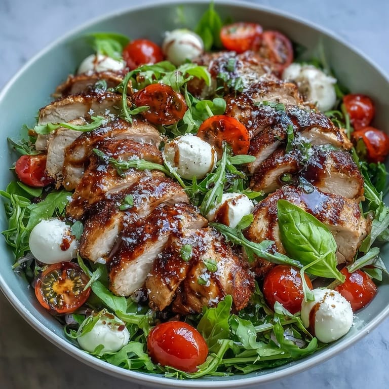 Freshly assembled Grilled Chicken Caprese Bowls with Balsamic Reduction topped with torn basil leaves, drizzled with olive oil, and ready to serve.