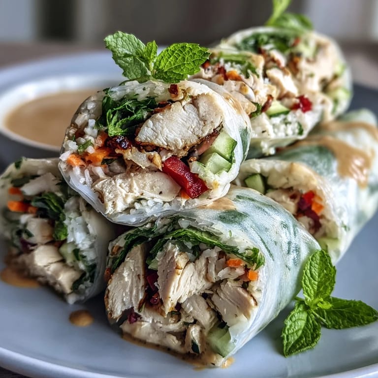 Mehrere goldene Hähnchen- und Gemüse-Frühlingsrollen mit glatter Erdnussauce auf rustikalem Holzteller mit frischen Kräutern.