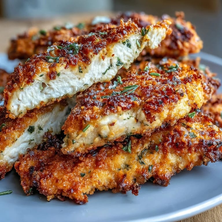 Knusprige Crispy Panko Ranch Chicken Tenders von einem beschichteten Backblech mit Dip und Gabel.