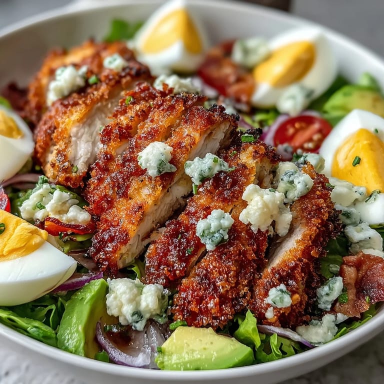 Zubereitete Parmesan Crusted Chicken Cobb Salad mit Ei, Tomaten und blauem Käse auf Holz.