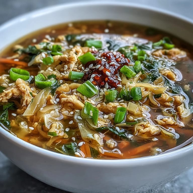 Warmes Egg Roll Soup mit Hähnchen und Kohl, garniert mit scharfem Chili Crisp und grünen Zwiebeln.