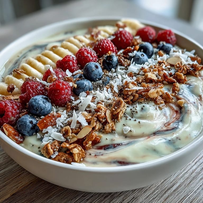 Dieses Berry Greek Yogurt Smoothie Bowl zeigt cremigen Joghurt und frische Beeren üppig getoppt.