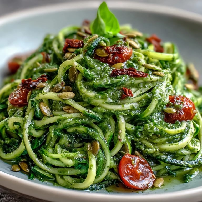 Vegane Zucchininudeln in lebhaftem Kürbiskern-Pesto, ein frisches und aromatisches pflanzliches Gericht.