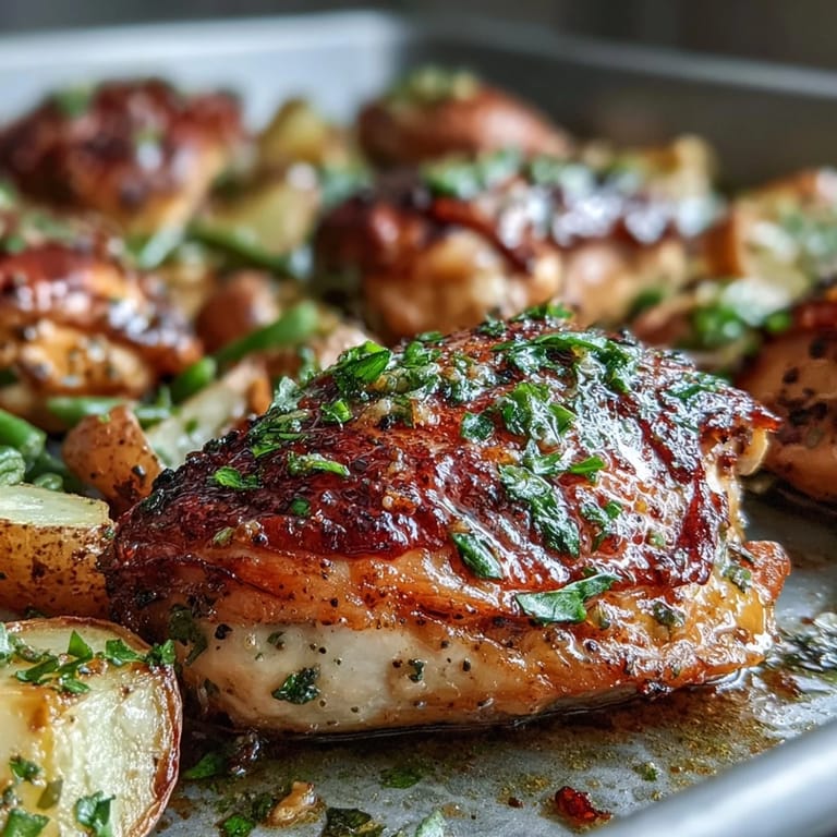 2. Aromatisches Blech-Hähnchen mit Zitrone und Knoblauch, serviert mit goldgelben Kartoffeln und knackigen grünen Bohnen - ein einfaches, glutenfreies Abendessen voller Geschmack.