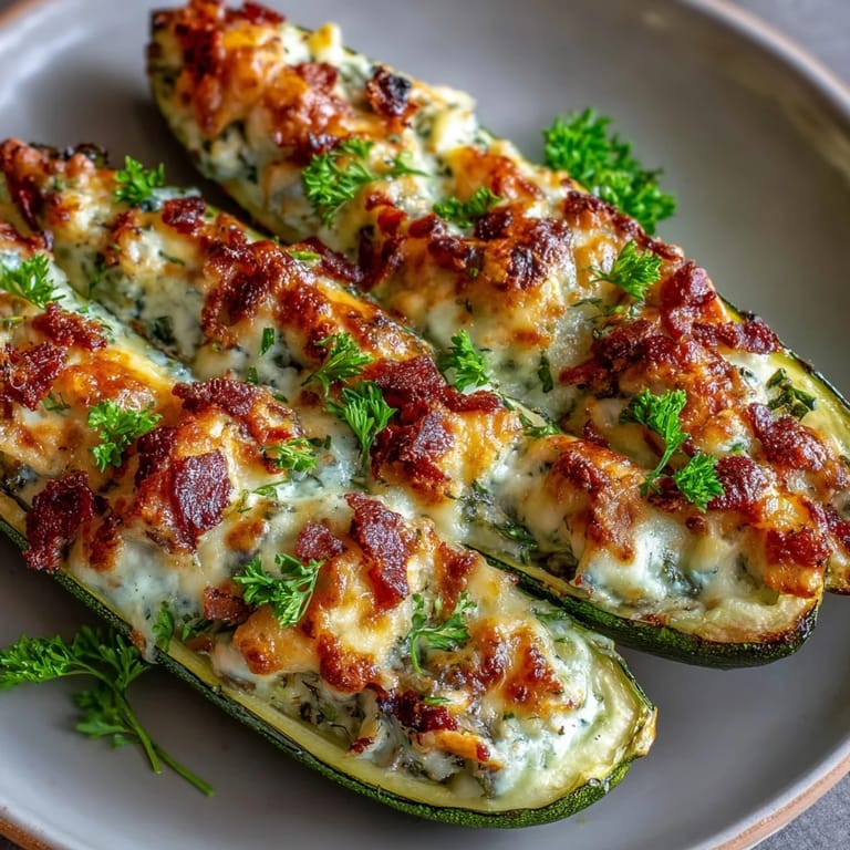 Saftige Hähnchen-Zucchiniboote in cremiger Knoblauch-Sauce, perfekt für ein kohlenhydratarmes Abendessen.