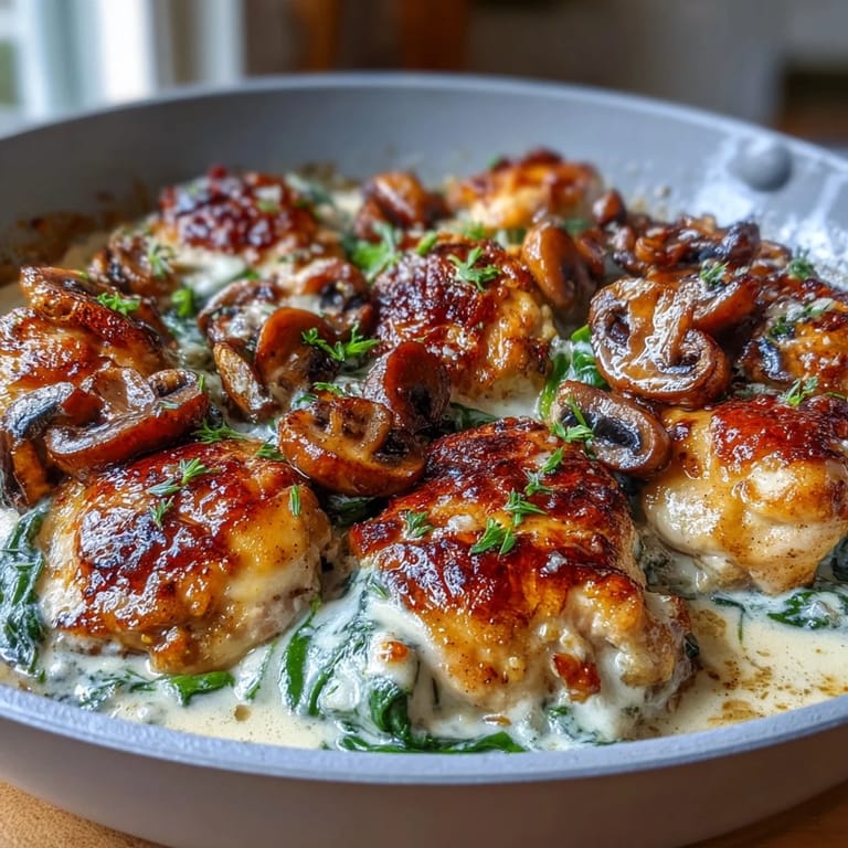 Keto-Cremige Spinat-Pilz-Hähnchen-Pfanne mit zarten Hähnchenbrüsten, sautierten Pilzen und frischem Spinat in einer reichhaltigen, keto-freundlichen Sauce.