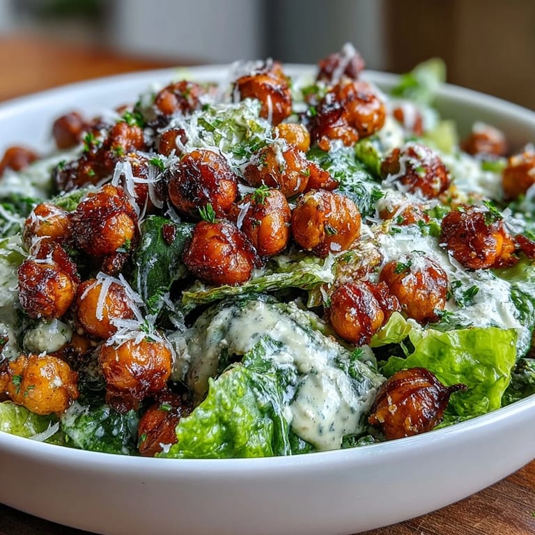 2. Knusprige geröstete Kichererbsen als Crouton-Ersatz in einem frischen Caesar-Salat mit cremigem Cashew-Dressing.  