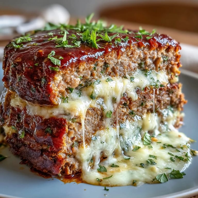 Italienisches Hackbraten mit Mozzarella – goldbraun gebacken, mit geschmolzenem Käse und Marinara-Sauce überbacken.  