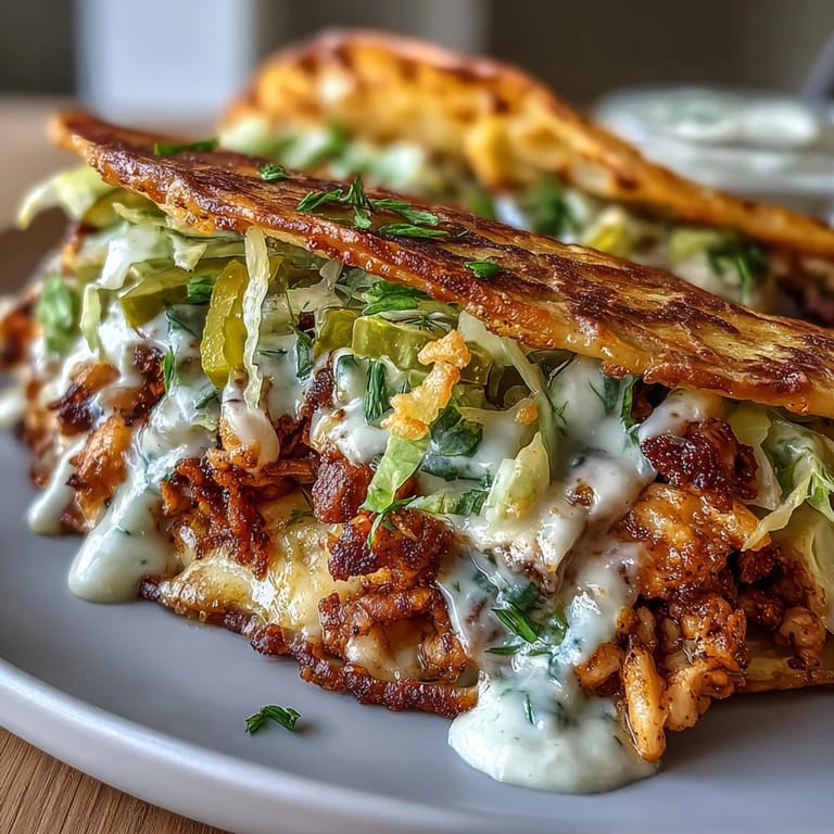 Ranch-Cottage-Käse-Sauce über Dillgurken-Hähnchen-Tacos mit knusprigem Käseüberzug.