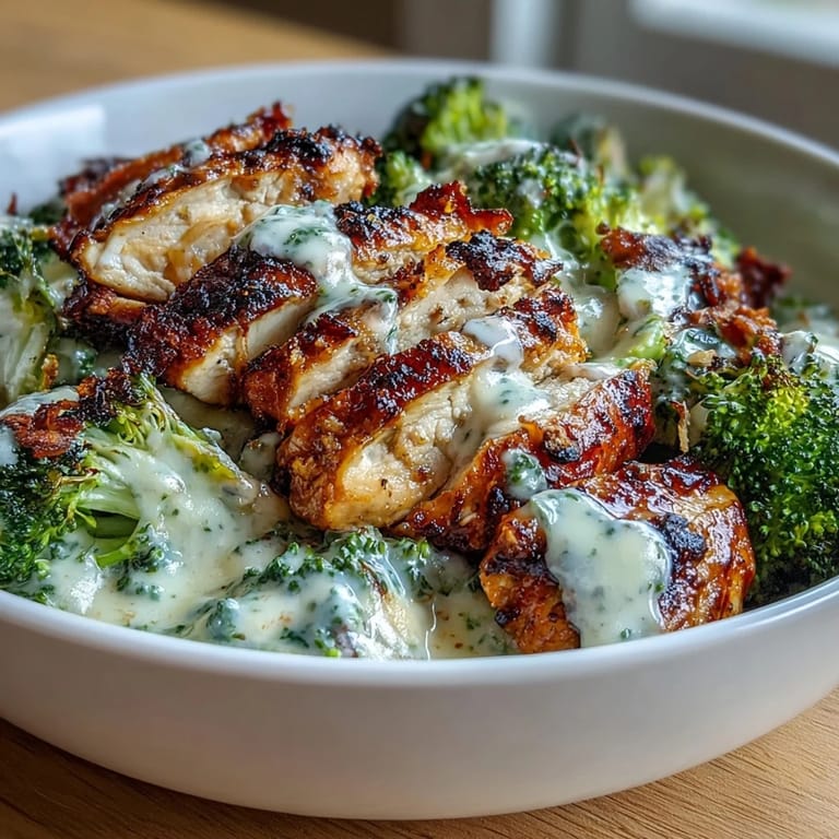 1. Gegrillte Hähnchenbrust auf Brokkoli mit cremiger Knoblauch-Parmesan-Sauce in Schüsseln serviert.