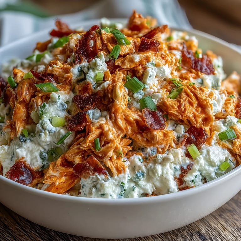 Proteinreicher Hühnersalat mit Cottage Cheese, Buffalo-Sauce und frischem Gemüse auf Crackern.
