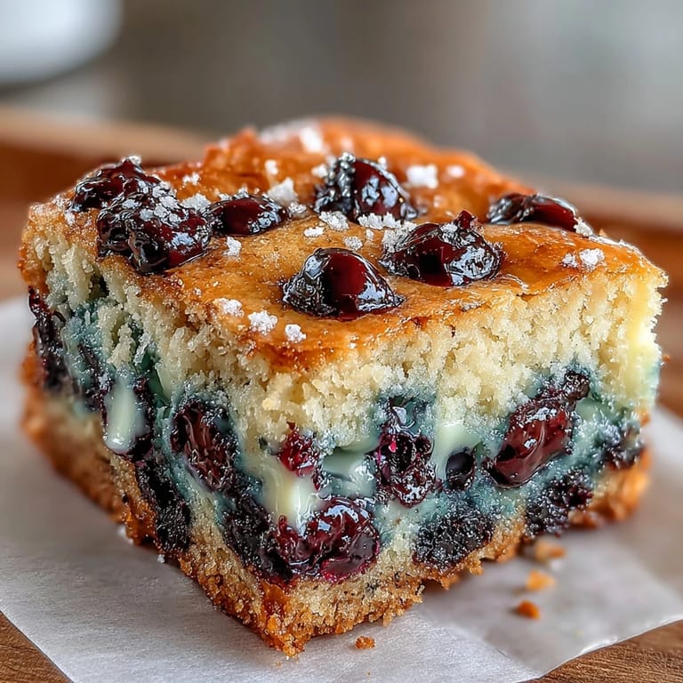 Chewy Blondies mit saftigen Blaubeeren, goldbraun gebacken und ideal für jeden süßen Heißhunger.