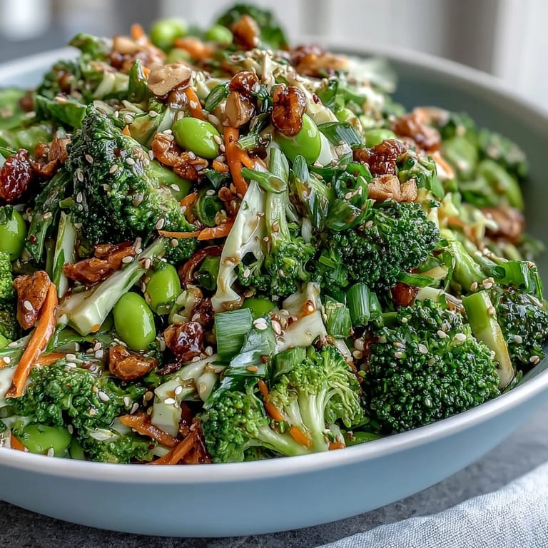 2. Farbenfroher Brokkolisalat mit knackigen Möhren, lila Kohl und grünen Edamame, perfekt für die Meal Prep.  