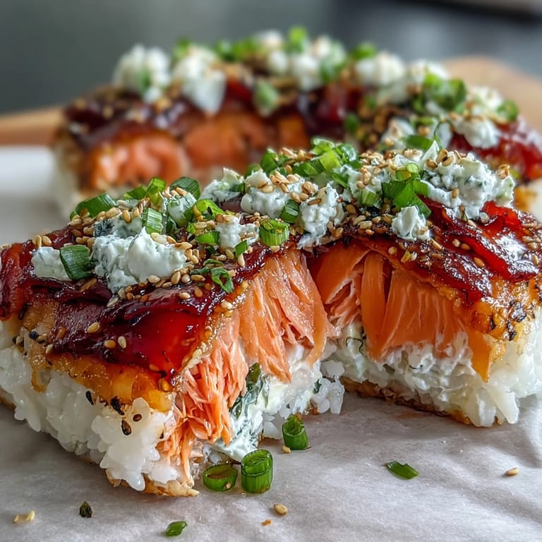 Köstlicher Lachs-Sushi-Auflauf mit knackigen Toppings, in Noriblättern gewickelt und serviert.