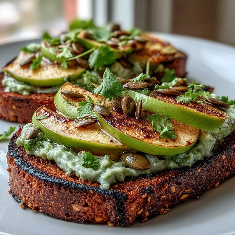 2. Buntes Frühstücksbrot mit Avocado, grünem Apfel und Kürbiskernen – perfekt für einen gesunden Start in den Tag.  