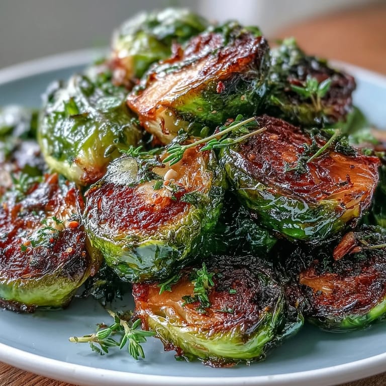 Geröstete Rosenkohl-Hälften mit Kräutern, Zitronensaft beträufelt und mit knusprigen Mandeln garniert.