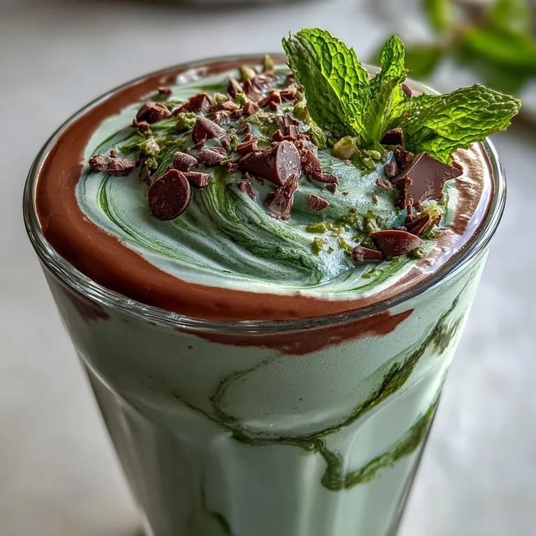 3. Cremiger Minz-Schokoladen-Shake mit gefrorener Banane, garniert mit dunklen Schokostückchen und frischen Minzblättern.