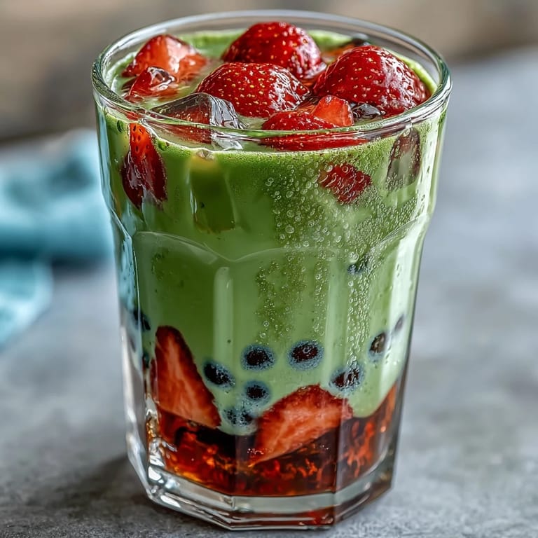 Ein erfrischendes Getränk mit Schichten aus süßen Erdbeeren, cremiger Milch und erdigem Matcha, gekrönt mit zähen Tapiokaperlen.