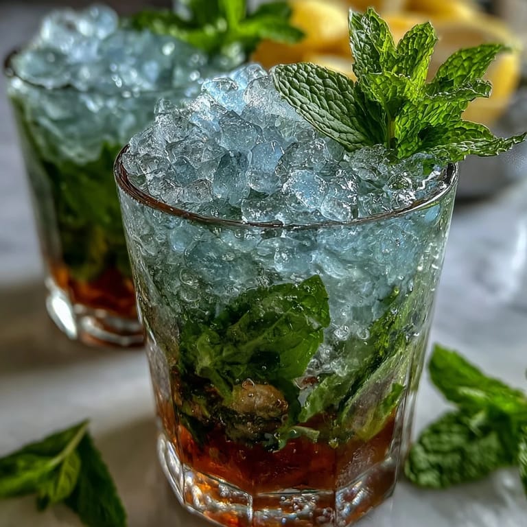 2. Mini Mint Julep Mocktails in kleinen Gläsern, garniert mit Zitronenscheiben und Minzsprossen, erfrischend und süß.