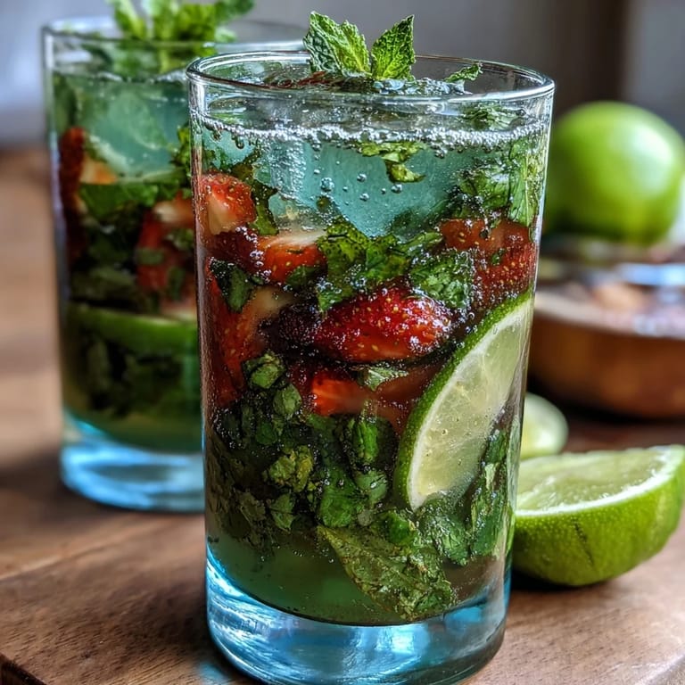 Ein bunter Mojito-Pitcher mit frischer Minze, Limettenscheiben und Erdbeeren, perfekt für erfrischende Frühlingsfeste.