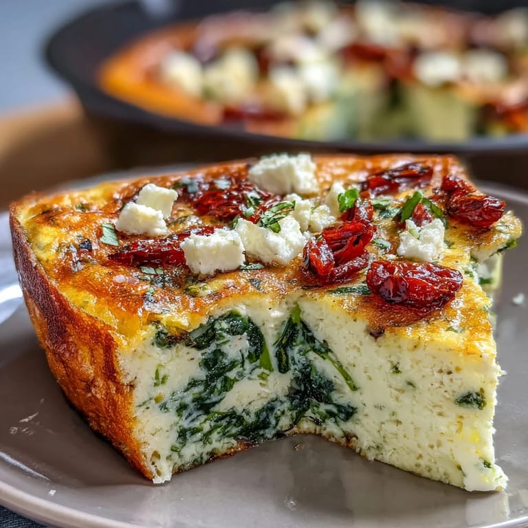 Saftige Spinat-Feta-Frittata mit aromatischen sonnengetrockneten Tomaten, perfekt für ein leichtes mediterranes Abendessen.