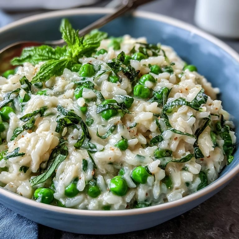 Frühlingshafter Risotto mit Erbsen, Minze und Parmesan, perfekt für Gäste.
