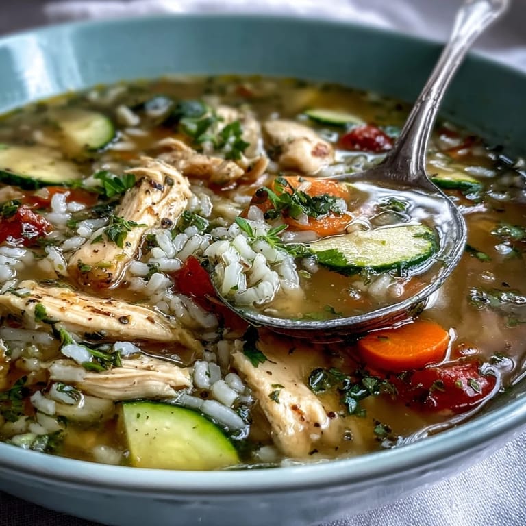 1. Herzhaftes Ein-Topf-Hähnchen-Reis-Suppe mit zartem Hühnchen, Reis und frischem Gemüse in einem wärmenden Teller