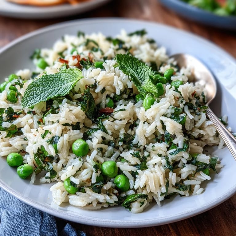 Farbenfroher Frühlingserbsen-Minz-Reis-Pilaf mit butterzartem Geschmack und frischen Kräutern.
