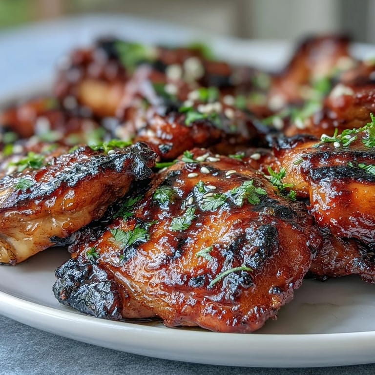 Glänzende Hähnchenschenkel mit goldener Honig-Sriracha-Kruste, zart und saftig, serviert mit frischem Koriander und Sesam.