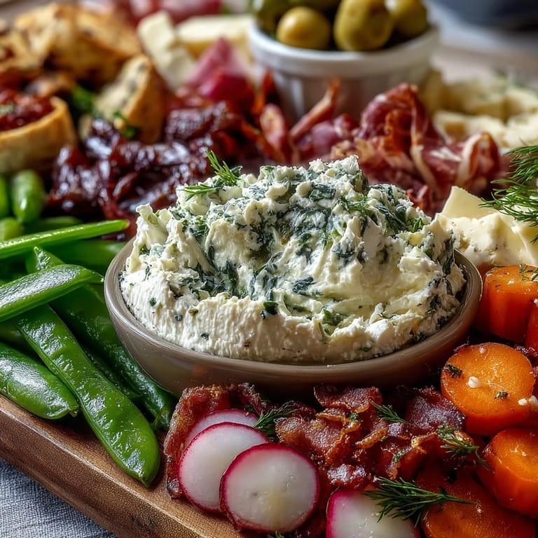 Bunter Frühlings-Charcuterie-Brett mit Radieschen, Erbsen und cremigem Kräuter-Dip.