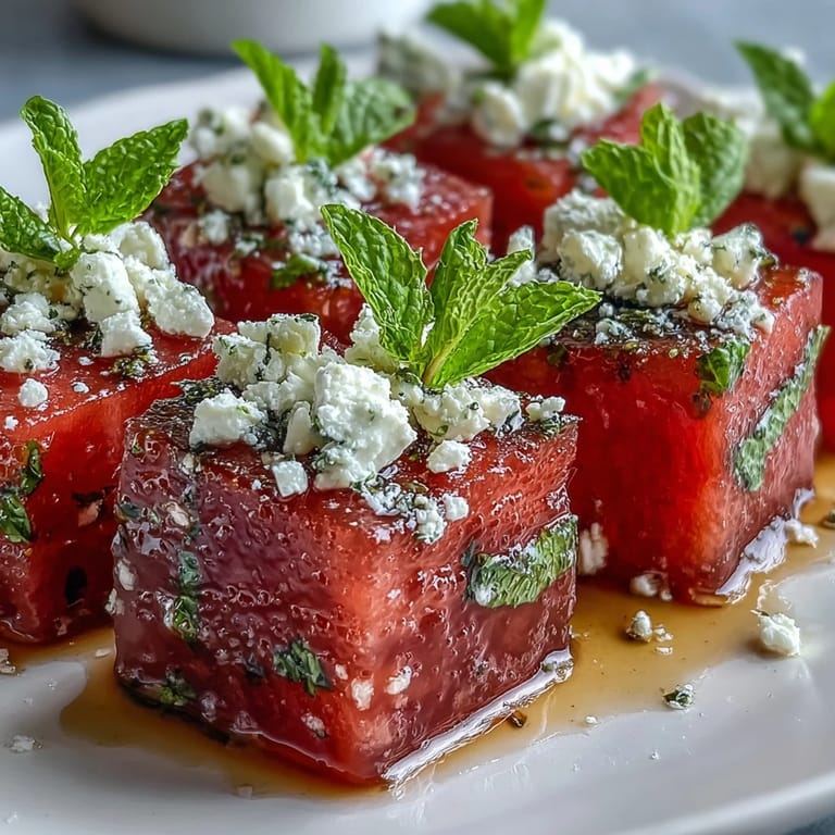Kühle Wassermelonen-Feta-Minz-Spieße mit Balsamico-Glasur, ein erfrischender vegetarischer Snack.